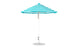 The Essential Fiberglass Umbrella - 7.5 Octagon Pulley by Ledge Lounger features a turquoise and white striped canopy made of marine-grade fabrics and a sturdy metal pole. Its wind-resistant design and round base ensure stability against any seaside breeze, standing open against a plain white background.