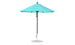 The Essential Fiberglass Umbrella by Ledge Lounger features a teal and white striped marine-grade fabric canopy atop a black pole with a silver base. This wind-resistant 7.5 octagon pulley umbrella is shown fully open against a plain white background.