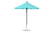 The Essential Fiberglass Umbrella by Ledge Lounger features a teal and white striped marine-grade fabric canopy atop a black pole with a silver base. This wind-resistant 7.5 octagon pulley umbrella is shown fully open against a plain white background.