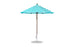The Ledge Lounger Essential Fiberglass Umbrella features a 7.5 octagon canopy in teal and white stripes, crafted from marine-grade fabric with a slim metal pole and sturdy circular base for wind-resistant shade on any patio.