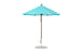 The Ledge Lounger Essential Fiberglass Umbrella features a 7.5 octagon canopy in teal and white stripes, crafted from marine-grade fabric with a slim metal pole and sturdy circular base for wind-resistant shade on any patio.
