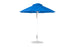The Ledge Lounger Essential Fiberglass Umbrella (7.5 Octagon Pulley) in blue features a pointed top and attaches to a white metal pole with a round metallic base for stability. Made from marine-grade fabrics, its ideal for patios or beaches, offering wind resistance and durability.