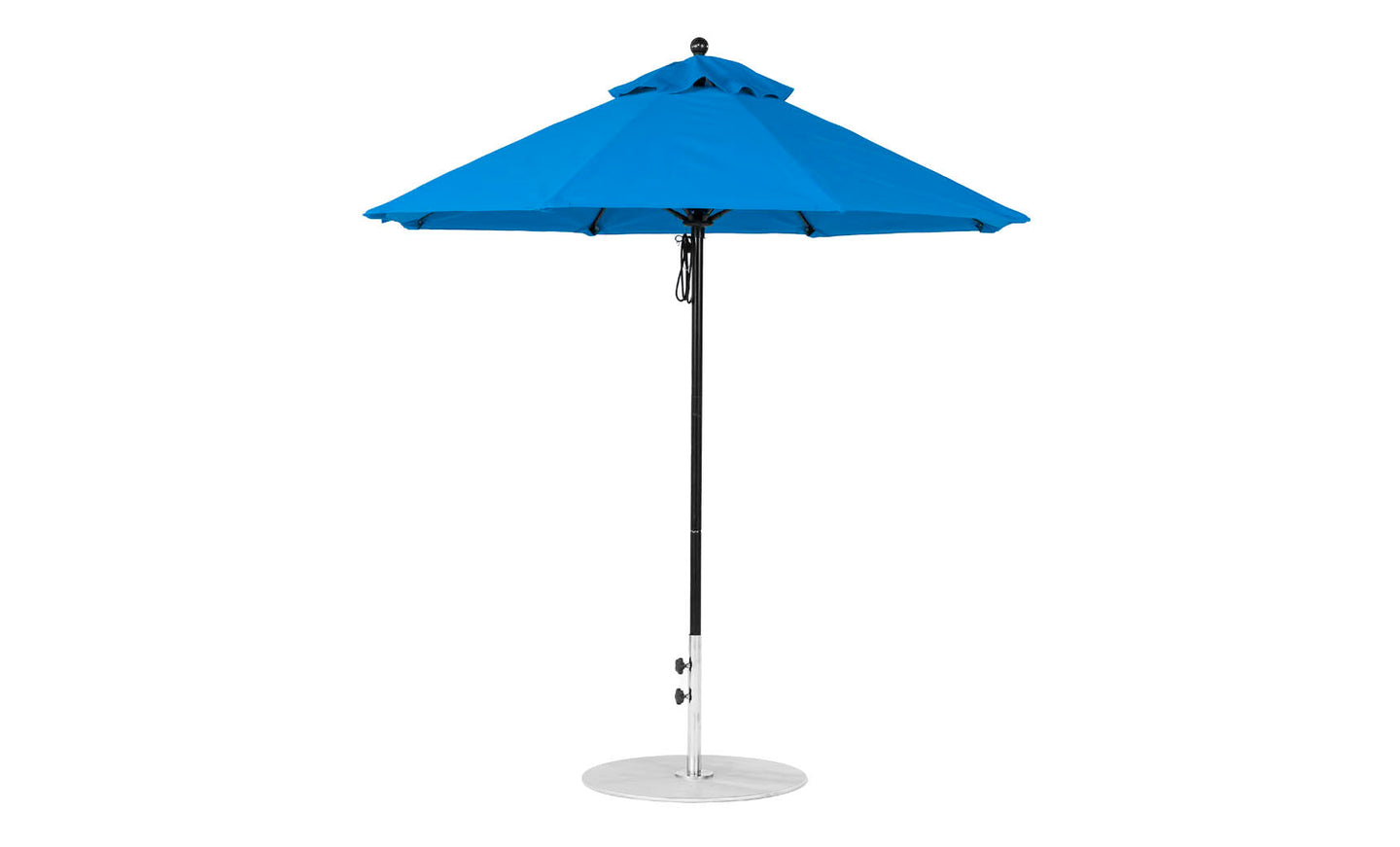 The Essential Fiberglass Umbrella - 7.5 Octagon Pulley by Ledge Lounger is a blue patio umbrella with wind-resistant, marine-grade fabrics and a black pole with a metal base. Its taut fabric with ties ensures even coverage, ideal for reliable outdoor shade and durability.