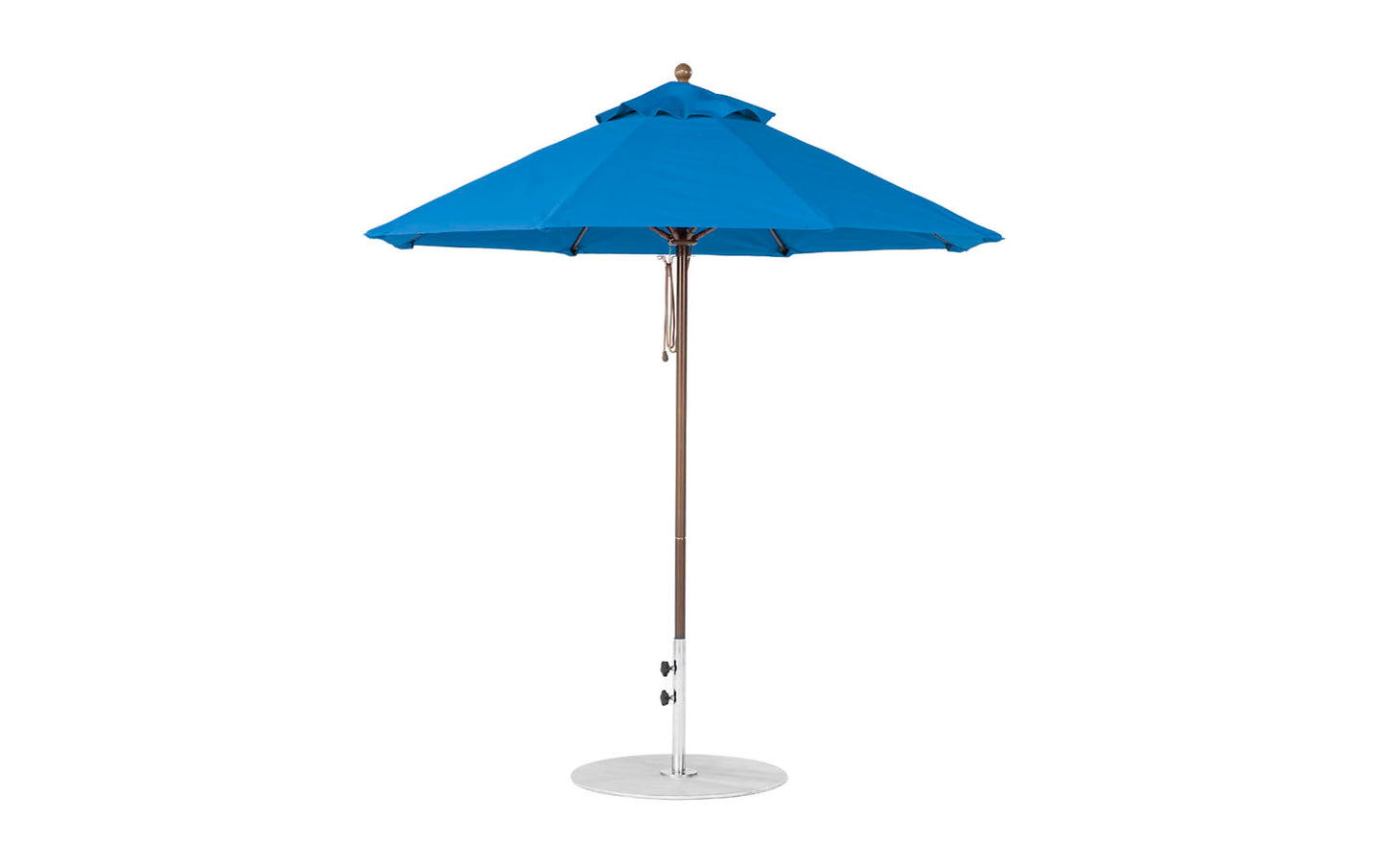 The Ledge Lounger Essential Fiberglass Umbrella - 7.5 Octagon Pulley features a blue canopy and metal pole, crafted from wind-resistant marine-grade fabrics. This open umbrella is ideal for providing shade on your patio or garden with its sleek and functional design.