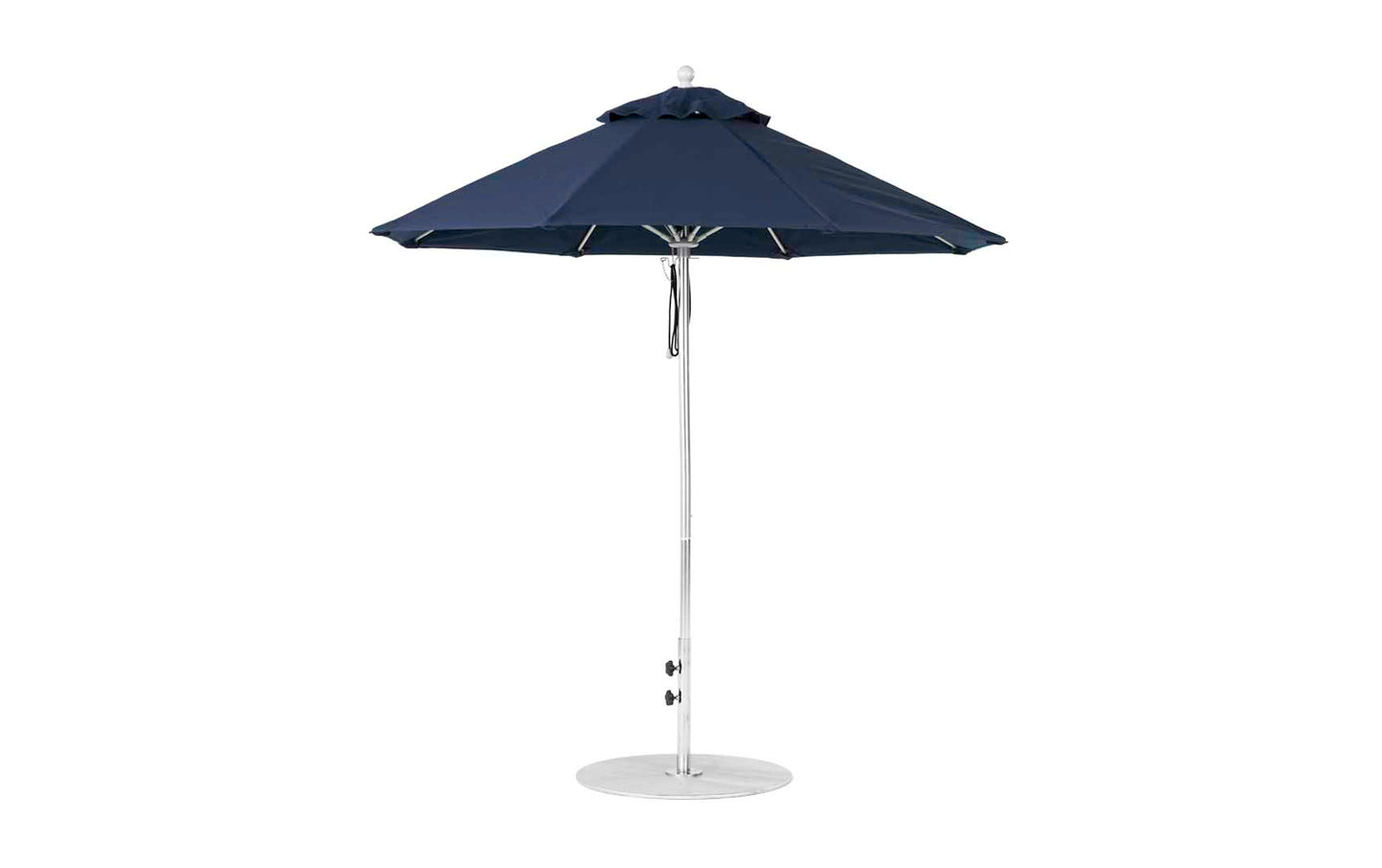 The Essential Fiberglass Umbrella by Ledge Lounger features a 7.5 dark blue octagonal canopy crafted with marine-grade fabrics, complemented by a silver pole and round base. This wind-resistant design combines effortless functionality with simple modern elegance when fully opened.