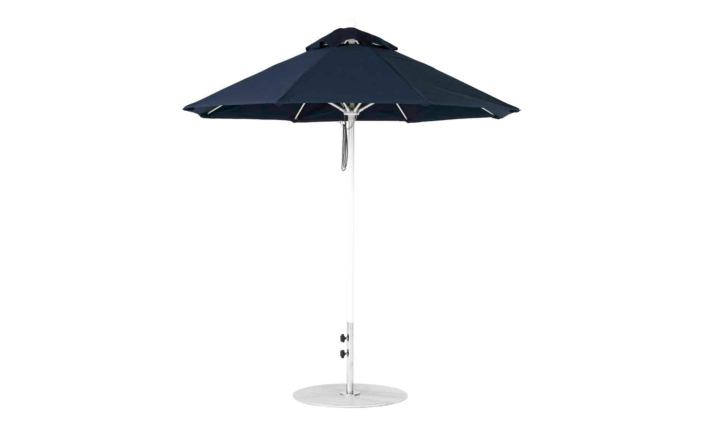 The Ledge Lounger Essential Fiberglass Umbrella - 7.5 Octagon Pulley is a blue patio umbrella with a metal pole and round base, featuring a classic wide canopy from marine-grade fabrics and a vented top for air circulation, enhancing its wind resistance.