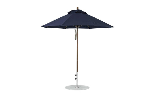 The Ledge Lounger Essential Fiberglass Umbrella showcases a sleek, wind-resistant design with marine-grade fabrics. This black 7.5 octagon umbrella includes a tall metal pole and round base, perfect for outdoor settings.