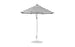 The Essential Fiberglass Umbrella by Ledge Lounger features a 7.5 octagon canopy with a black and white stripe pattern, supported by a silver marine-grade pole. Its wind-resistant and rests on a round base against a plain white background.