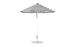 The Ledge Lounger Essential Fiberglass Umbrella features a 7.5 octagon canopy with black and white stripes, a white pole on a round base, crafted from marine-grade fabrics for wind resistance—a classic design ideal for outdoor settings.