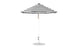 The Ledge Lounger Essential Fiberglass Umbrella features a 7.5 octagon canopy with black and white stripes, a white pole on a round base, crafted from marine-grade fabrics for wind resistance—a classic design ideal for outdoor settings.