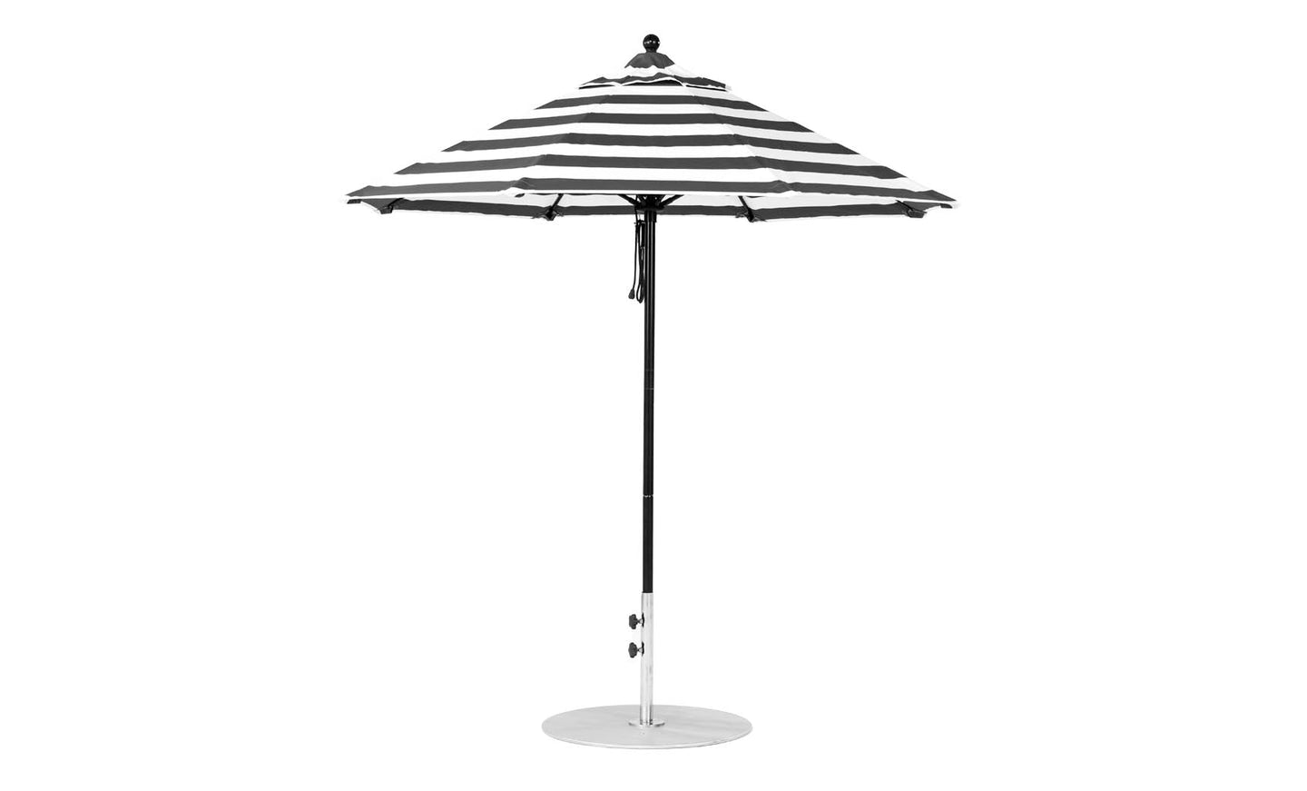 The Essential Fiberglass Umbrella by Ledge Lounger, a 7.5 octagon with black and white stripes, features marine-grade fabrics, a wind-resistant design with a straight pole and round base, set against a plain white backdrop.