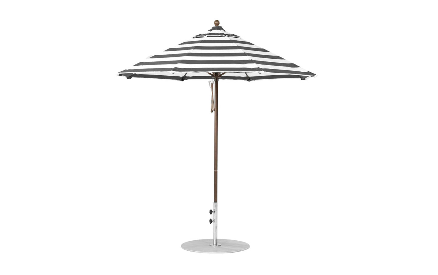 The Essential Fiberglass Umbrella by Ledge Lounger features black and white stripes, a wind-resistant marine-grade fabric, an octagonal shape with a central pole and round base. The 7.5 outdoor umbrella is open against a plain white background.