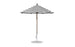 The Essential Fiberglass Umbrella by Ledge Lounger features black and white stripes, a wind-resistant marine-grade fabric, an octagonal shape with a central pole and round base. The 7.5 outdoor umbrella is open against a plain white background.