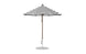 The Essential Fiberglass Umbrella by Ledge Lounger features black and white stripes, a wind-resistant marine-grade fabric, an octagonal shape with a central pole and round base. The 7.5 outdoor umbrella is open against a plain white background.