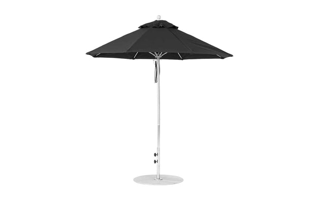 The Ledge Lounger Essential Fiberglass Umbrella features a black, 7.5 octagon canopy made from marine-grade fabrics, a silver pole, and a round base. Its simple, modern design offers style and wind-resistant durability for outdoor settings.