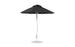 The Ledge Lounger Essential Fiberglass Umbrella features a black, 7.5 octagon canopy made from marine-grade fabrics, a silver pole, and a round base. Its simple, modern design offers style and wind-resistant durability for outdoor settings.