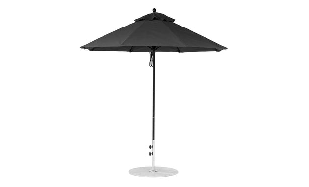A Ledge Lounger Essential black fiberglass umbrella with a 7.5 octagon canopy and sturdy pole designed for wind resistance features marine-grade fabrics, showcased on a white background.
