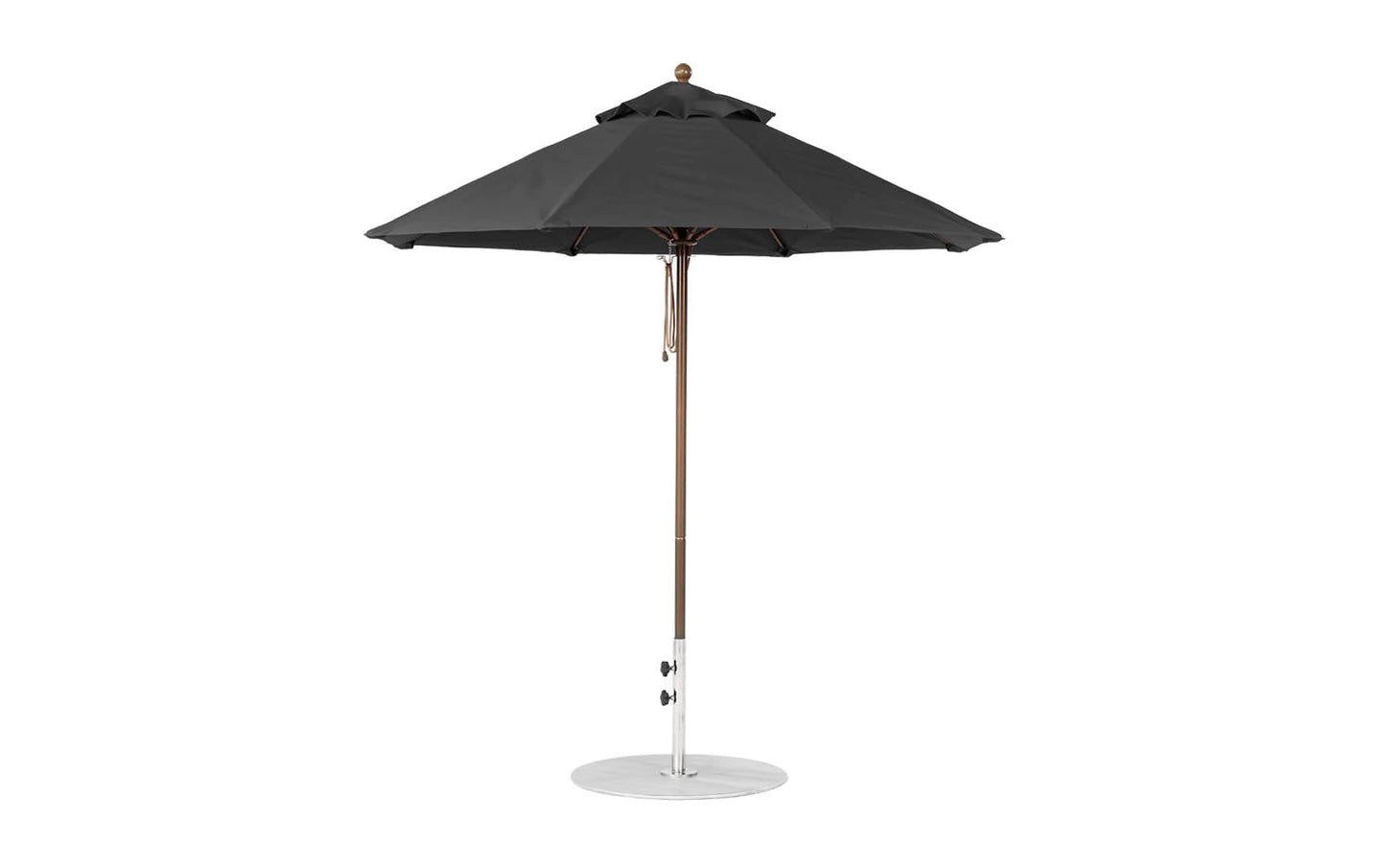 The Ledge Lounger Essential Fiberglass Umbrella - 7.5 Octagon Pulley features a black marine-grade fabric canopy and straight pole on a circular base, shown against a white background to highlight its sleek design.