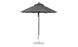 A freestanding, minimalist outdoor umbrella with a metal pole and round base is open, revealing its wide canopy. The wind-resistant Essential Fiberglass Umbrella by Ledge Lounger features marine-grade fabrics for durability and comes in a 7.5 octagon shape.