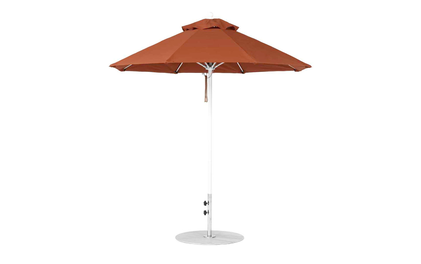 The Ledge Lounger Essential Fiberglass Umbrella features a 7.5 octagon canopy made from marine-grade fabric, supported by a white pole with a base, designed to be fully opened and wind resistant.
