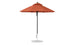 The Ledge Lounger Essential Fiberglass Umbrella features a 7.5 octagon burnt orange canopy on a black pole. Its marine-grade fabric and classic conical design are supported by a round silver base, offering wind resistance and perfect shade for patios or gardens.