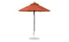 The Ledge Lounger Essential Fiberglass Umbrella features a 7.5 octagon burnt orange canopy on a black pole. Its marine-grade fabric and classic conical design are supported by a round silver base, offering wind resistance and perfect shade for patios or gardens.