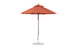 The Essential Fiberglass Umbrella - 7.5 Octagon Pulley by Ledge Lounger is a red outdoor umbrella with marine-grade fabrics for durability, featuring an octagonal canopy supported by a silver pole on a circular base. Its wind-resistant design includes a vented top for airflow against a pristine white background.