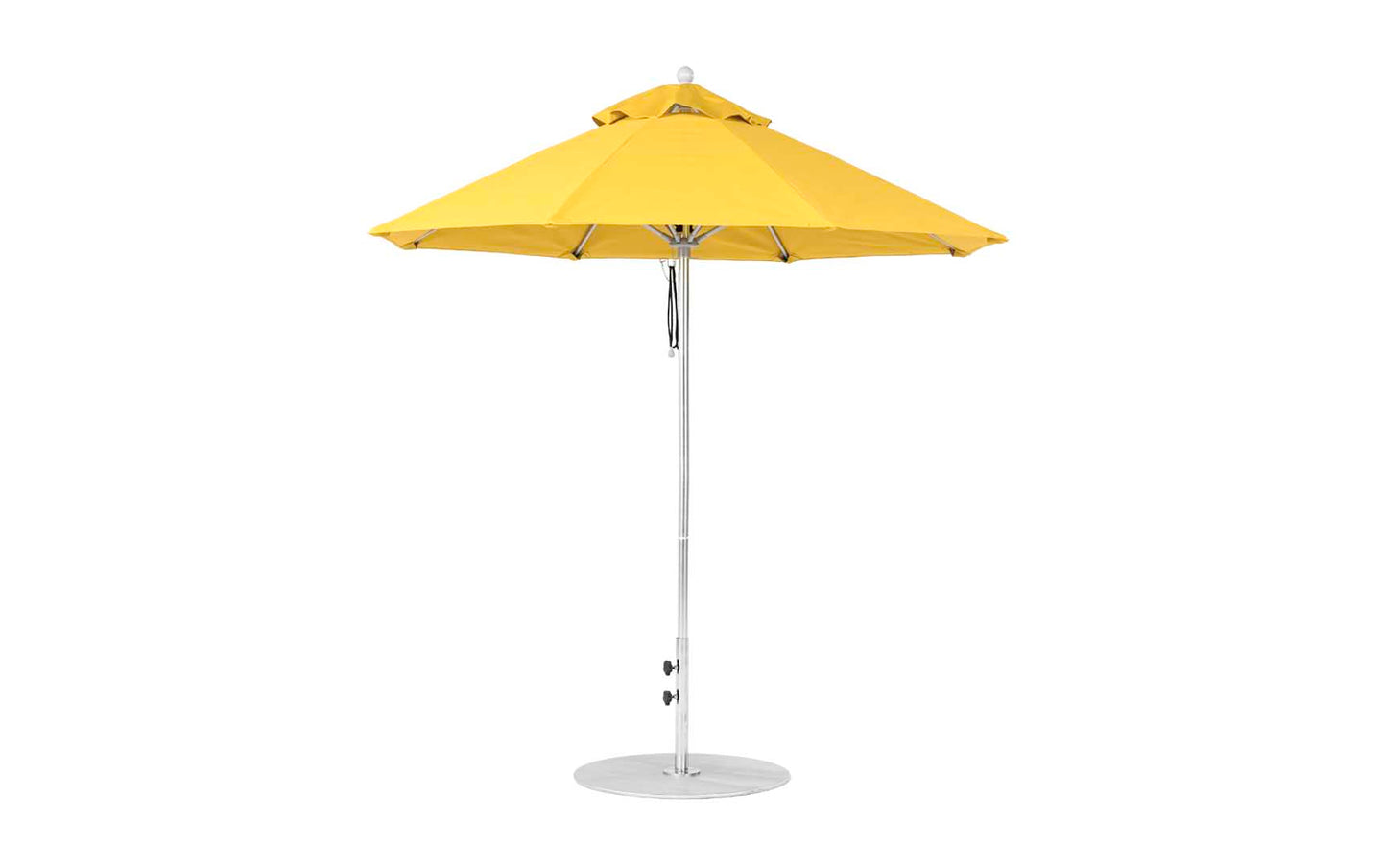 The Ledge Lounger Essential Fiberglass Umbrella includes a silver pole and base, crafted from marine-grade fabrics. This 7.5’ octagon pulley umbrella is fully open, displaying its yellow canopy, bright color, and impressive wind resistance for outdoor use.