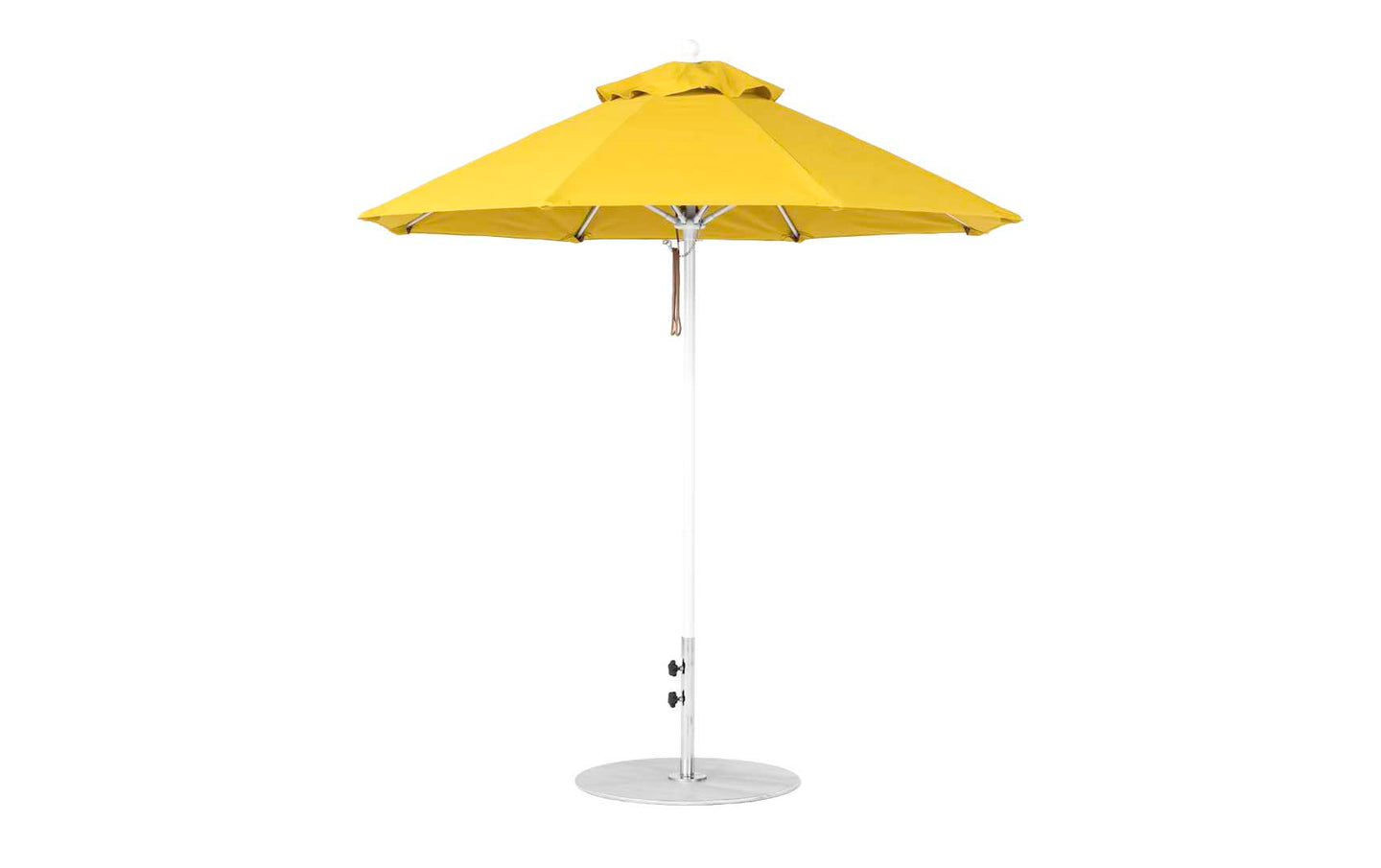 The Ledge Lounger Essential Fiberglass Umbrella features a green octagonal canopy with a vent for airflow, a white pole, and a round base. Made from marine-grade fabric, its wind-resistant and perfect for outdoor settings against a plain white background.