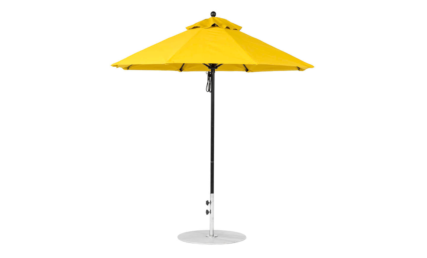The Ledge Lounger Essential Fiberglass Umbrella - 7.5 Octagon Pulley features a yellow canopy with a black pole and round metal base, crafted from wind-resistant marine-grade fabric, showcasing a classic pointed style perfect for outdoor use.