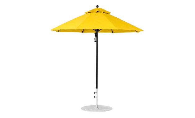 The Ledge Lounger Essential Fiberglass Umbrella - 7.5 Octagon Pulley features a yellow canopy with a black pole and round metal base, crafted from wind-resistant marine-grade fabric, showcasing a classic pointed style perfect for outdoor use.