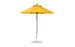 The Ledge Lounger Essential Fiberglass Umbrella, a 7.5 yellow octagon with a pointed top, is made from durable marine-grade fabrics and has a central metallic pole with a round flat base.