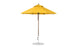 The Ledge Lounger Essential Fiberglass Umbrella, a 7.5 yellow octagon with a pointed top, is made from durable marine-grade fabrics and has a central metallic pole with a round flat base.