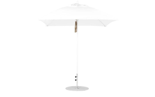 The Ledge Lounger Essential Fiberglass Umbrella - 7.5 Square Pulley boasts a sleek, modern design with marine-grade fabrics, a straight pole, and circular metallic base. Its visible handle below the canopy ensures durability and style for any outdoor setting.