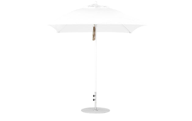 The Ledge Lounger Essential Fiberglass Umbrella - 7.5 Square Pulley boasts a sleek, modern design with marine-grade fabrics, a straight pole, and circular metallic base. Its visible handle below the canopy ensures durability and style for any outdoor setting.
