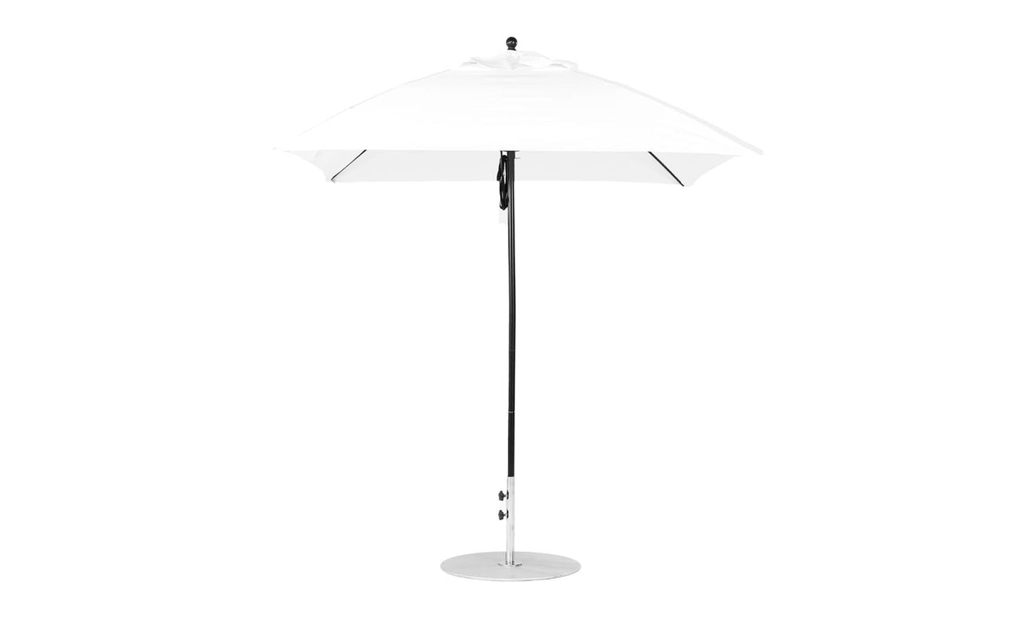 The Ledge Lounger Essential Fiberglass Umbrella, featuring a 7.5’ square pulley design, presents a sleek modern look with a marine-grade fabric canopy on a black pole and round silver base.