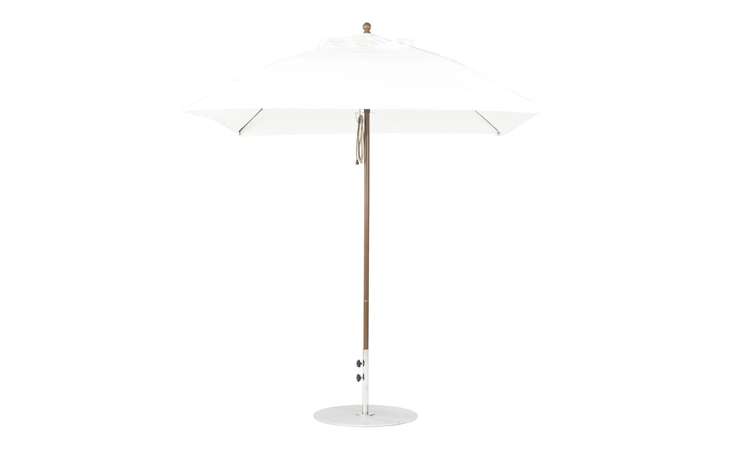 The Ledge Lounger Essential Fiberglass Umbrella - 7.5 Square Pulley features a marine-grade fabric canopy providing reliable shade, a metal pole, and circular base. Its minimalistic design makes it ideal for outdoor settings.