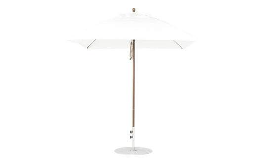 The Ledge Lounger Essential Fiberglass Umbrella - 7.5 Square Pulley features a marine-grade fabric canopy providing reliable shade, a metal pole, and circular base. Its minimalistic design makes it ideal for outdoor settings.