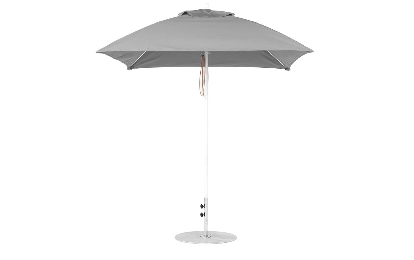 The Ledge Lounger Essential Fiberglass Umbrella - 7.5 Square Pulley, made with marine-grade fabrics, features a straight white pole, round base, short handle with beige strap, and slightly rounded cap. It is perfect for patios and integrates smoothly into the Umbrella Compatibility Matrix.