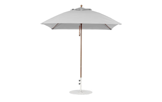 The Ledge Lounger Essential Fiberglass Umbrella - 7.5 Square Pulley, made with marine-grade fabric, features a wooden pole and metal base. Set against a white background, its gray design highlights its simplicity and sturdiness when fully open.