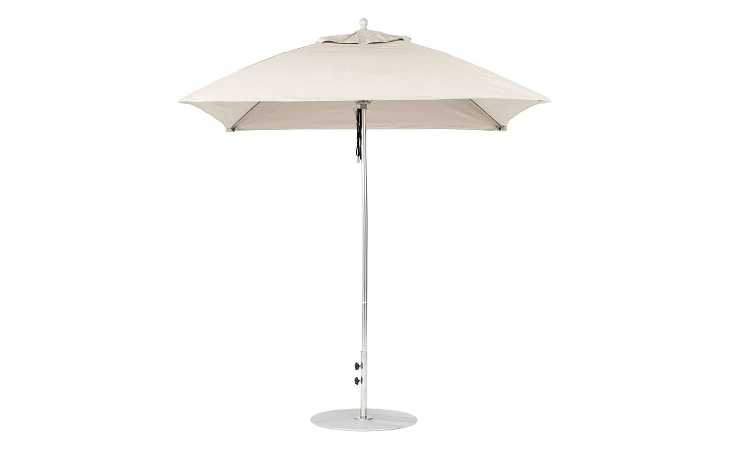 The Ledge Lounger Essential Fiberglass Umbrella, a 7.5 square pulley model in beige, features marine-grade fabrics with a sleek metal pole and round base, standing against a white background. Its modern design enhances any patio setting.