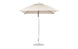 The Ledge Lounger Essential Fiberglass Umbrella, a 7.5 square pulley model in beige, features marine-grade fabrics with a sleek metal pole and round base, standing against a white background. Its modern design enhances any patio setting.