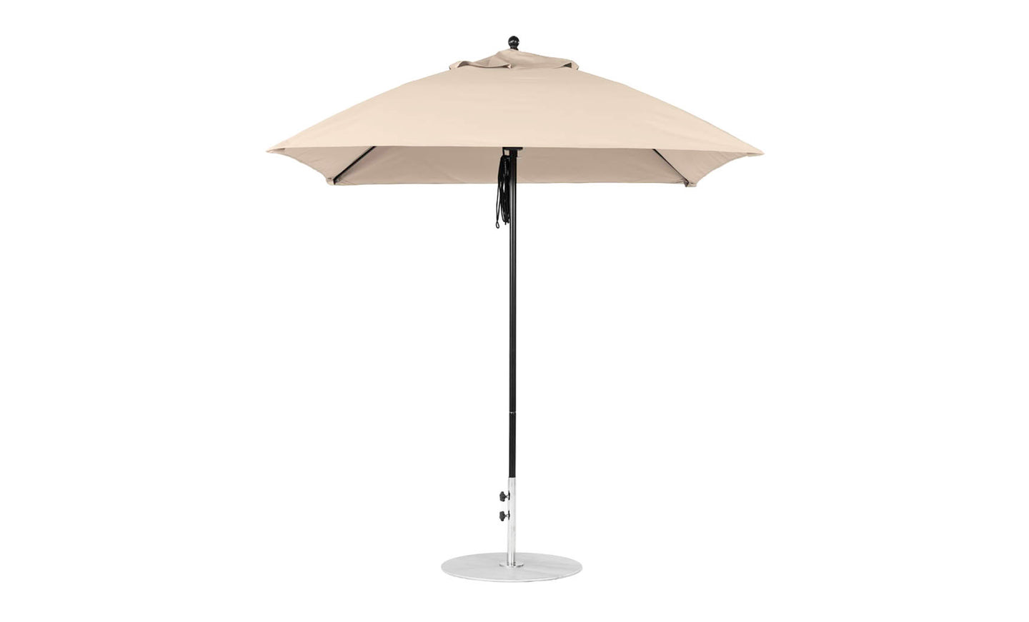 The Ledge Lounger Essential Fiberglass Umbrella, a 7.5 square pulley model in beige, features marine-grade fabrics on a silver pole with a circular base. Its robust design ensures durability and elegance, seen fully open against a plain white background.