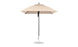 The Ledge Lounger Essential Fiberglass Umbrella, a 7.5 square pulley model in beige, features marine-grade fabrics on a silver pole with a circular base. Its robust design ensures durability and elegance, seen fully open against a plain white background.
