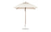 The Essential Fiberglass Umbrella by Ledge Lounger is a 7.5 square beige outdoor umbrella with a durable wooden pole and marine-grade fabrics, resting on a circular metal base, shown against a plain white background to emphasize style and durability.