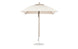 The Essential Fiberglass Umbrella by Ledge Lounger is a 7.5 square beige outdoor umbrella with a durable wooden pole and marine-grade fabrics, resting on a circular metal base, shown against a plain white background to emphasize style and durability.