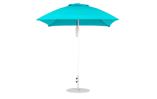 The 7.5 Square Pulley Essential Fiberglass Umbrella by Ledge Lounger boasts a turquoise, open canopy of marine-grade fabric, a silver pole with a round base, and adjustable height for versatile in-pool and on-deck use.