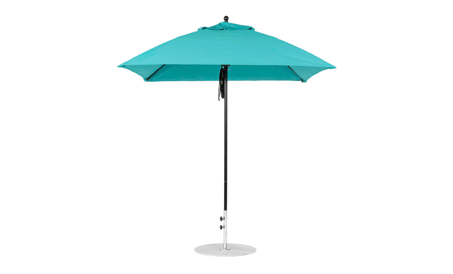 The Ledge Lounger Essential Fiberglass Umbrella features a 7.5 square canopy in turquoise with a metal base and straight pole. Its open design reveals an eight-rib support structure, crafted with marine-grade fabrics for ultimate durability.