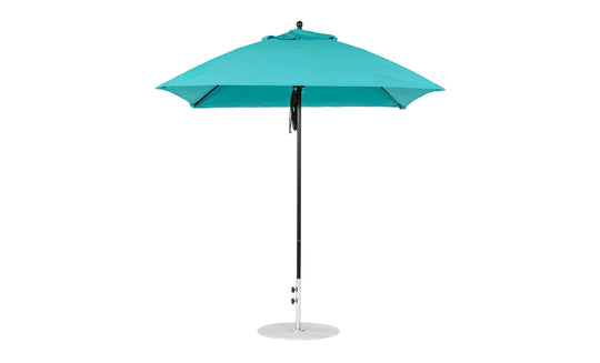 The Ledge Lounger Essential Fiberglass Umbrella features a 7.5 square canopy in turquoise with a metal base and straight pole. Its open design reveals an eight-rib support structure, crafted with marine-grade fabrics for ultimate durability.