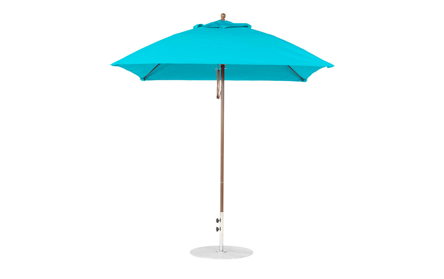 A fully open blue Ledge Lounger Essential Fiberglass Umbrella, with a 7.5 square pulley design, wooden pole, and white metal base, crafted from marine-grade fabrics featuring a classic finial on top, stands against a plain white background.